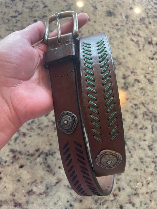 Accessories - Brown Leather Belt with Green/blue Stitching and Decorative Conchos 32